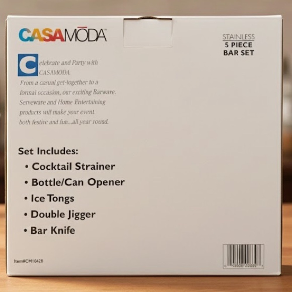 CASA MODA Stainless 5pc Bar Set Jigger Strainer Knife Opener Tongs NIB - Picture 2 of 2